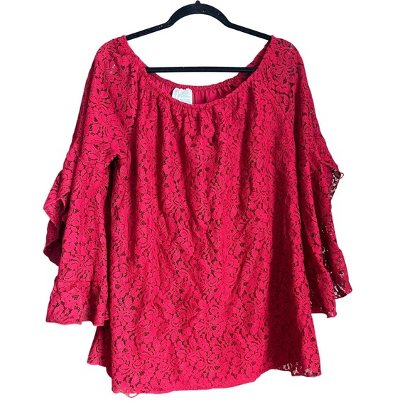 Forgotten Grace Tops - Forgotten Grace Red Floral Lace Peasant Top Bell Sleeve Off Shoulder Large